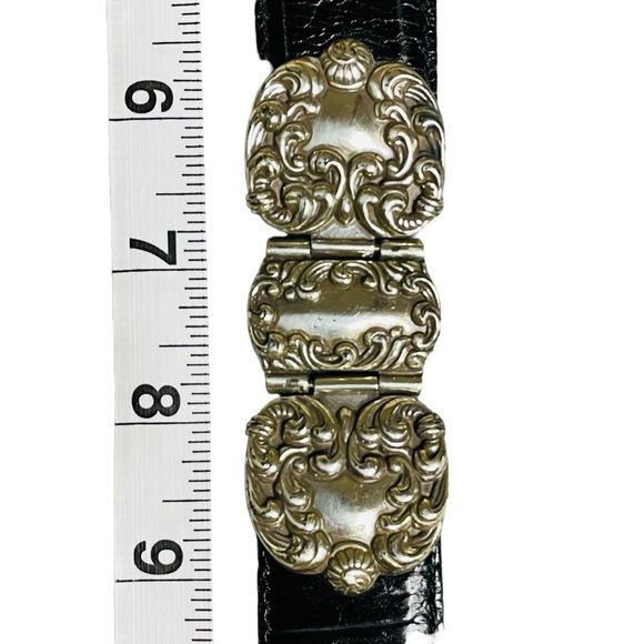 Fossil Black Croco Embossed Cowhide Belt Scrolled Silver Tone Accents/Buckle - L - Picture 10 of 15